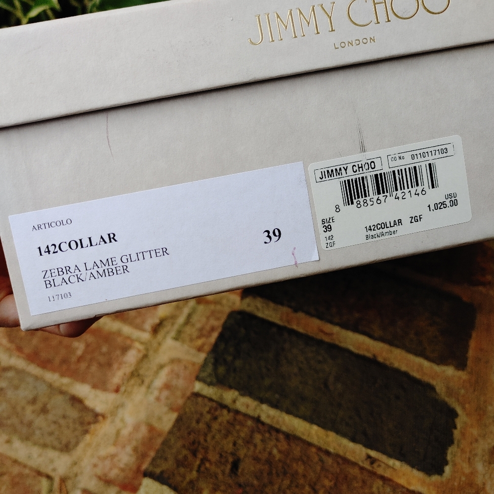JIMMY CHOO 142 "COLLAR" ZEBRA LAME GLITTER SANDAL, BLACK/AMBER 39 - Picture 3 of 16